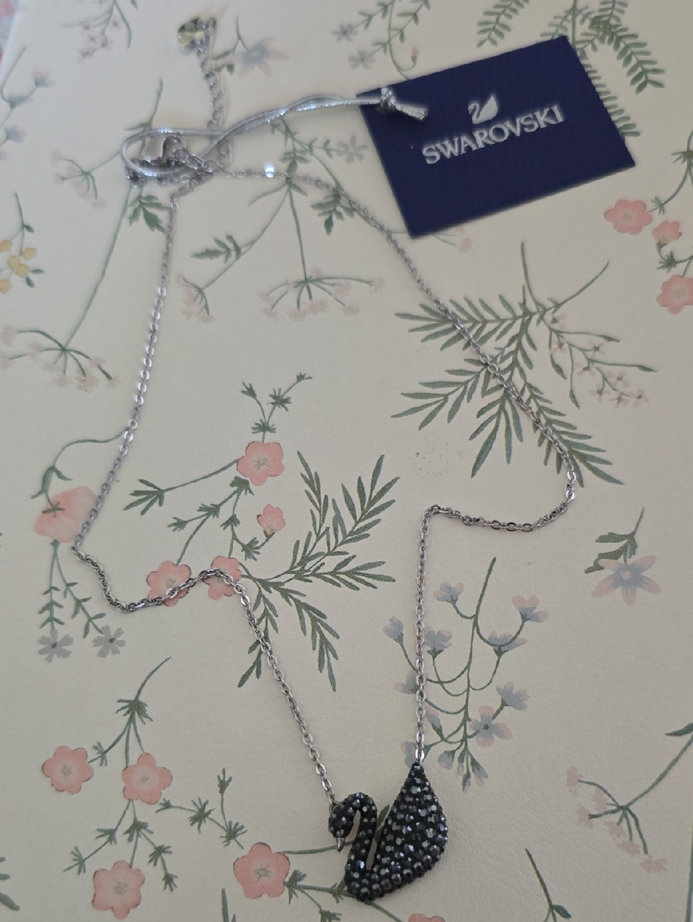 Swarovski Black Crystal Swan Pendant Necklace - Silver
